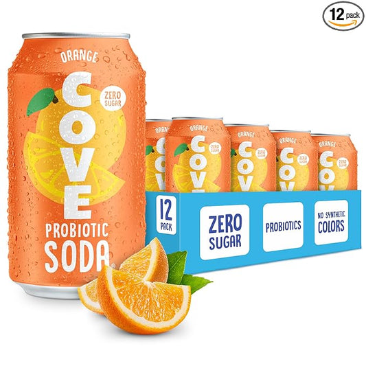 Cove Probiotic Soda, Zero Sugar Better-For-You Alternative - Refreshing, Delicious Probiotic Drink, No Synthetic Colors & Caffeine Free - Orange, 12 Pack