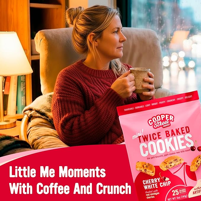 COOPER STREET Twice Baked Cherry White Chip Biscotti Cookies - Crispy Mini Biscotti Cookies Ideal with Coffee - Traditional Low Calorie Italian Snacks - Kosher, Dairy, Peanut & Soy Free (6 Pack)