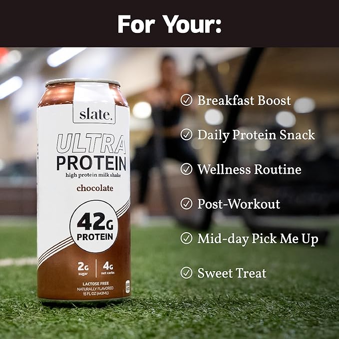 Slate Milk - Ultra Protein Shake - Chocolate - 42g Protein, 2g Sugar, 190 Calories, 4g Net Carbs - Lactose Free, No Added Sugar - Made with Ultra Filtered Milk - Breakfast Boost, Post Workout - 15 fl oz, 12 Cans
