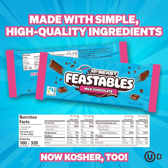 Feastables MrBeast Milk Chocolate Chocolate Bar, King Size Candy Bar for Adults & Kids, Candy Bars for Snacks, Gifts, or Dessert, Sweet & Creamy Fairtrade Cocoa, 2.1 Oz Each, 10 Count
