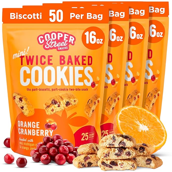 Cooper Street Twice-Baked Orange Cranberry Biscotti Cookies (16 oz - Pack of 4) – Over 50 Biscotti per Bag Loaded with Real Fruit, Italian Style Snacks with Coffee or Tea - Dairy, Peanut & Soy Free