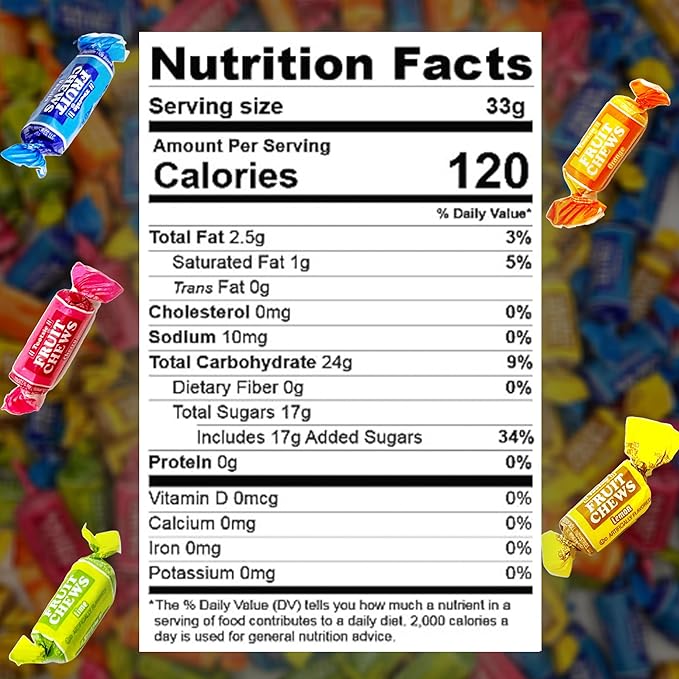 Fruit Chews Candy - 2 Pounds Bulk Bag (Approx. 140 Pieces), Fruit Chews Rolls, 5 Assorted Flavors, Soft & Fruity Taffy Candy, Individually Wrapped Gluten Free Treats, Holiday Candy