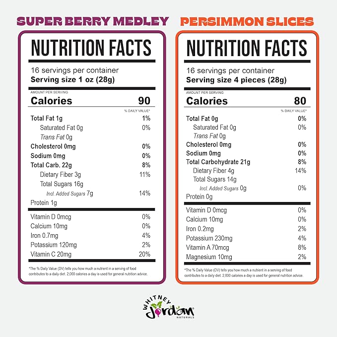 Whitney Jordan Naturals Air-Dried Fruit Variety Pack 16 Oz, Pack of 2 - Super Berry Medley & Persimmon Slices - Gluten-Free, Non-GMO, Vegan Snack - Real Fruit for Clean Snacking