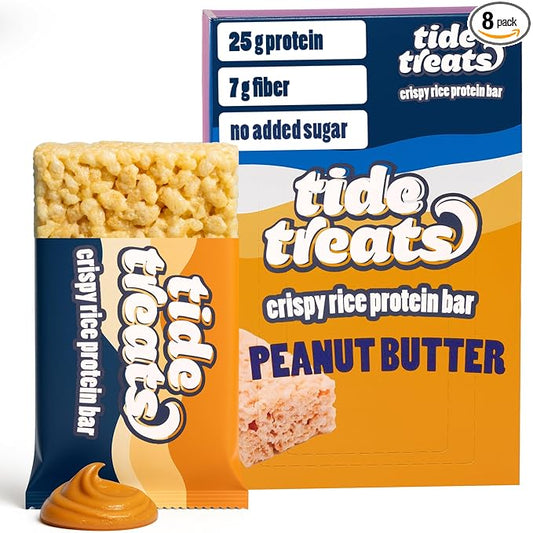 Crispy Rice Protein Treat Peanut Butter Bar | 25 g Protein, No Added Sugar, 7 g Fiber, Gluten Free | High Protein Snack for On-the-Go, Post-Workout or Dessert Cravings | 8 Count | TideTreats