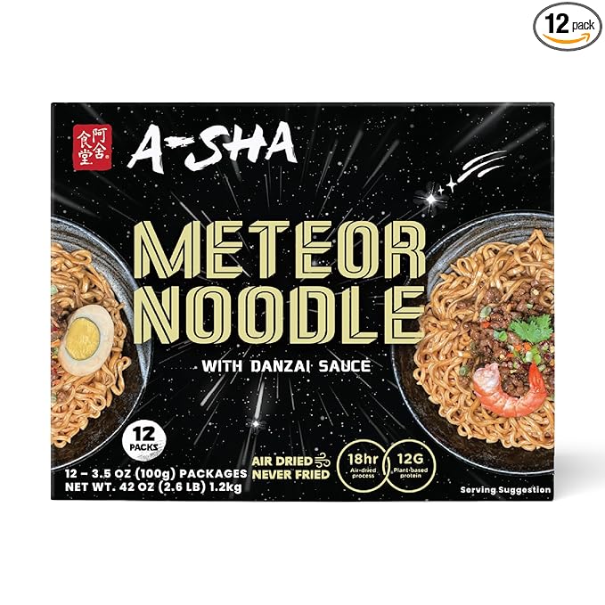 A-Sha Meteor Noodle with Danzai Sauce, 12 Packs, Gourmet Asian Taiwanese Healthy Instant Ramen Noodles