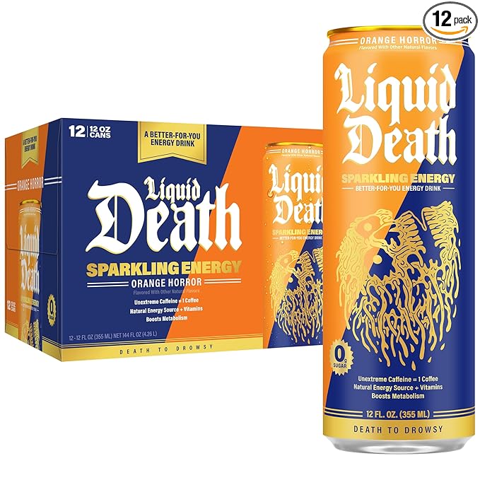 Liquid Death Sparkling Energy - Orange Horror (Orange and Cream), Zero Sugar Energy Drink, Unextreme Caffeine 100mg, Essential Vitamins, 12 Fl Oz (Pack of 12)