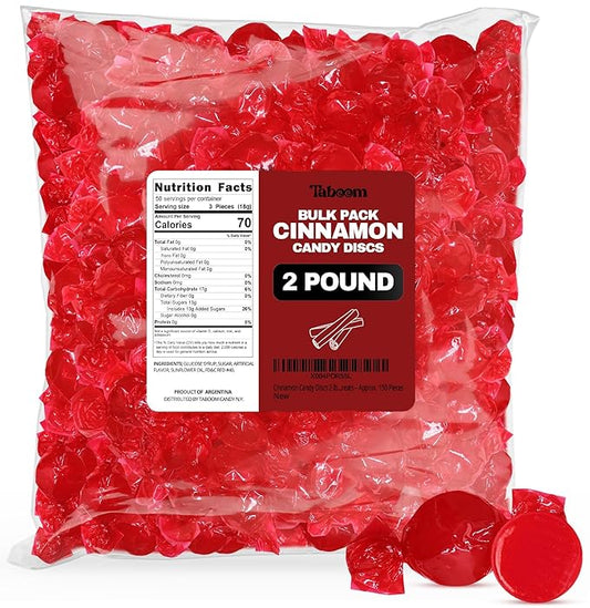 Cinnamon Hard Candy Discs 2 lbs Bulk Pack Christmas Candies - Approx. 150 Individually Wrapped Spicy Cinnamon Flavored Hard Candies for Parties, Offices & Treats - Taboom
