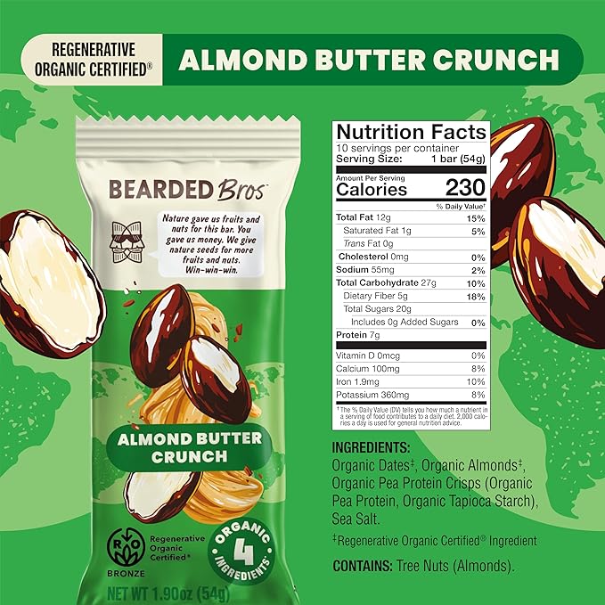 Bearded Brothers, Organic Vegan Protein Energy Bars, Almond Butter Crunch (10 Pack) - Gluten Free, Paleo, Fiber, Whole 30, Non GMO Low Glycemic Snacks (Packaging May Vary)