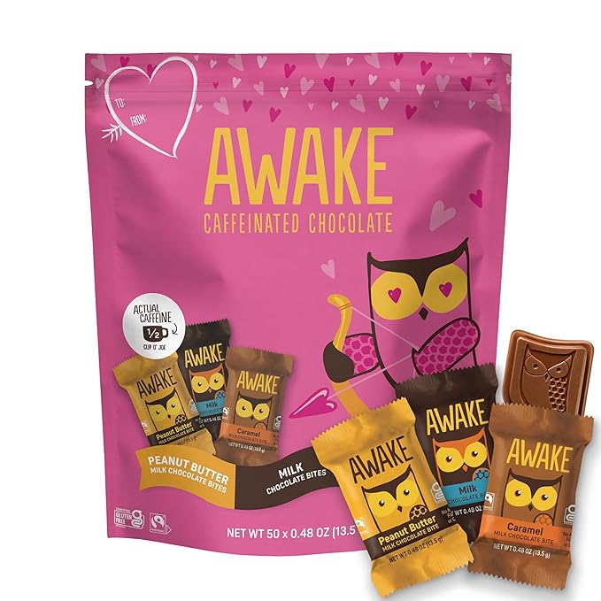 AWAKE - Caffeinated Chocolate Bites - 50mg Caffeine per bite - Bite Me, Baby! Variety Pack (3 Flavors), 50 Count, 0.48oz each - Peanut Butter, Milk, & Caramel - Coffee Alternative - Fairtrade, Gluten Free, Non GMO