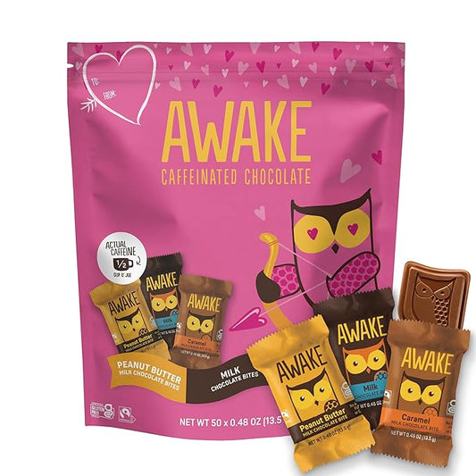 AWAKE - Caffeinated Chocolate Bites - 50mg Caffeine per bite - Bite Me, Baby! Variety Pack (3 Flavors), 50 Count, 0.48oz each - Peanut Butter, Milk, & Caramel - Coffee Alternative - Fairtrade, Gluten Free, Non GMO