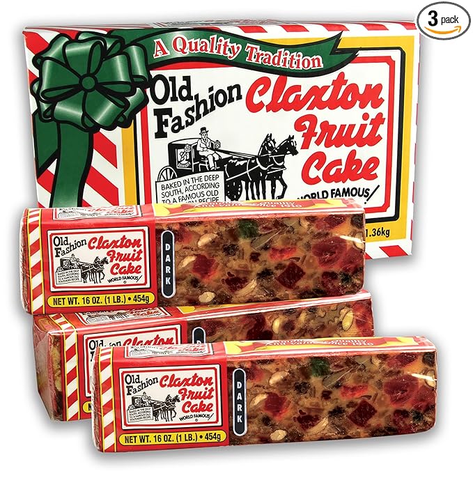 Claxton Fruit Cake – 3-1 Lb. Dark Recipe | Old Fashioned Holiday Fruitcake Packed in our Traditional Claxton Carton | A Holiday Favorite for over 115 years | 3-Pack