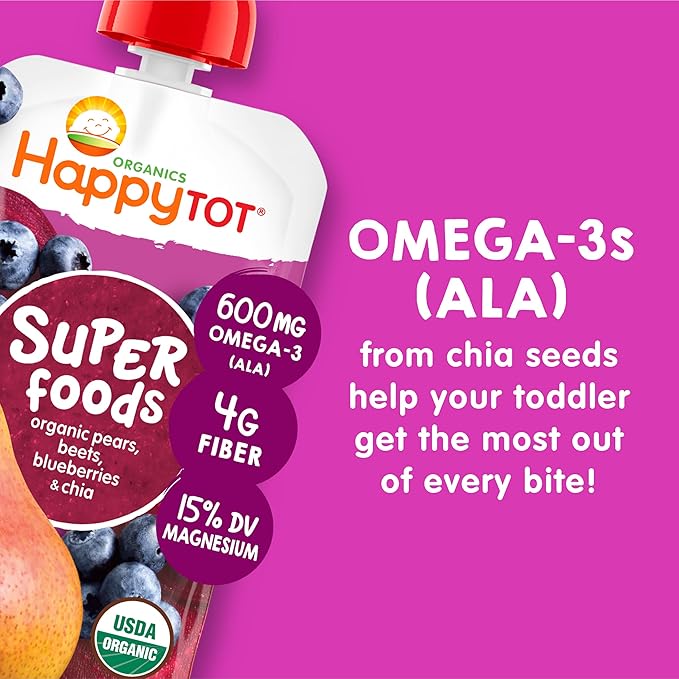 Happy Tot Organics Super Foods Stage 4, Pears, Blueberries & Beets (Pack of 16) & Stage 4 Fiber & Protein 4 Flavor Variety Pack (Pack of 16)