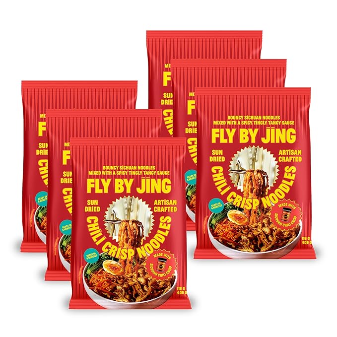 FLYBYJING Chili Crisp Noodles - Sun-Dried, Wavy Asian Instant Noodles Tossed in Sichuan Chili Crisp Sauce - Ready in 6 Minutes - Vegan, High Protein, No MSG, 4.02 oz (Pack of 6)
