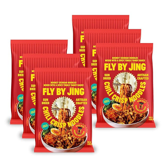 FLYBYJING Chili Crisp Noodles - Sun-Dried, Wavy Asian Instant Noodles Tossed in Sichuan Chili Crisp Sauce - Ready in 6 Minutes - Vegan, High Protein, No MSG, 4.02 oz (Pack of 6)
