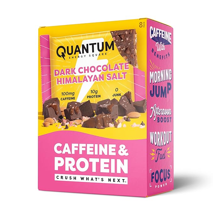 Quantum Energy Square: Energy Bar with Caffeine & 10g Protein. Delicious Healthy Snack On The Go. (Vegan, Gluten-free, Soy-free, Dairy-free) (Dark Chocolate Pink Himalayan Salt)