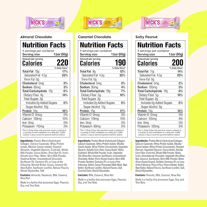 Nick's Protein Bars Variety Pack, Protein-Packed Snack, Low Calories, Low Carb Keto Friendly Snacks No Added Sugar, Salty Peanut, Chocolate Caramel and Almond Chocolate (12 Pack)