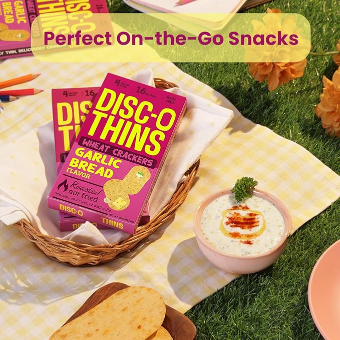 Disc-O Thins Whole Wheat Crackers - Crunchy Roasted Snack, High-Fiber & Low-Fat On-the-go Snack Chips, 96pcs (Garlic Bread) - Friendly, Healthy Travel Snack, Non-GMO - Great w/ Cheesy Dips, Salsa, or Beer