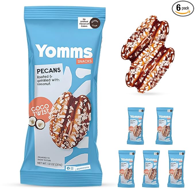 Yomms Coco Twist Glazed Whole Pecan Halves, 7.8 oz (6 Pack), Gluten-Free & Non-GMO Healthy Dessert Snacks – Low Sugar Coconut & Crunchy Candied Nut Pouches – Gourmet Roasted Snacking Pecans – 1.3oz Individual Bags