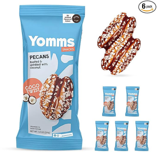 Yomms Coco Twist Glazed Whole Pecan Halves, 7.8 oz (6 Pack), Gluten-Free & Non-GMO Healthy Dessert Snacks – Low Sugar Coconut & Crunchy Candied Nut Pouches – Gourmet Roasted Snacking Pecans – 1.3oz Individual Bags