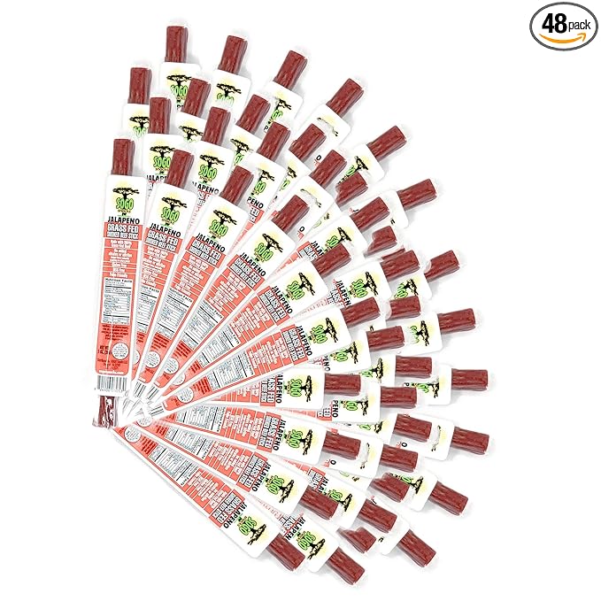 Jalapeno 100% Grass Fed Beef Sticks, Sogo Snacks, Low Carb and Gluten-Free Snack, Hiking and Road Trip Snacks, Snack Pack of 48 Level 3.5 of 5 Spicy Jerky Sticks