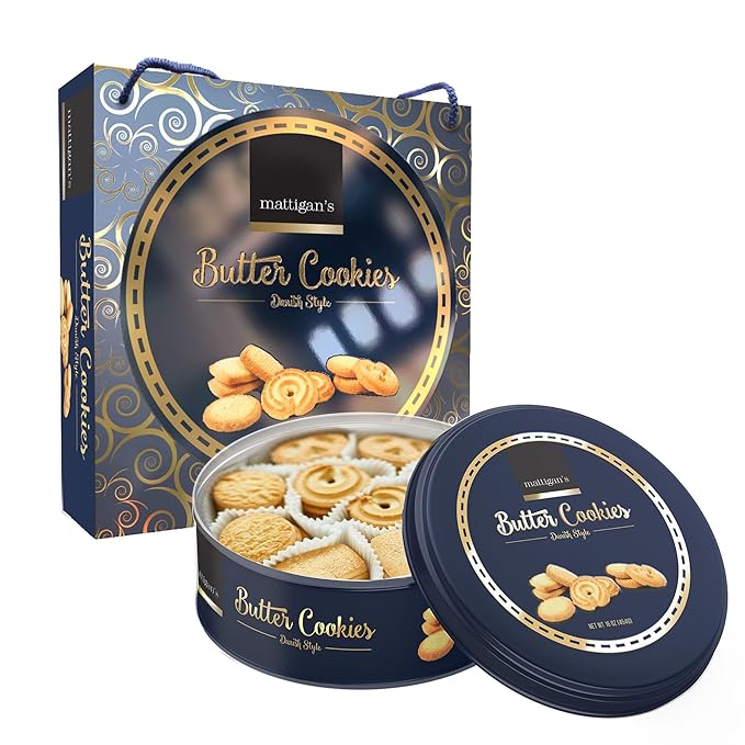 Mattigan's Danish Butter Cookies Traditional in 16 oz Tin – Classic Assorted Flavor Danish Butter Cookies, Gourmet Gifts for Holidays, Birthdays, Snack Gift, & Special Occasions, Reusable Metal Tin