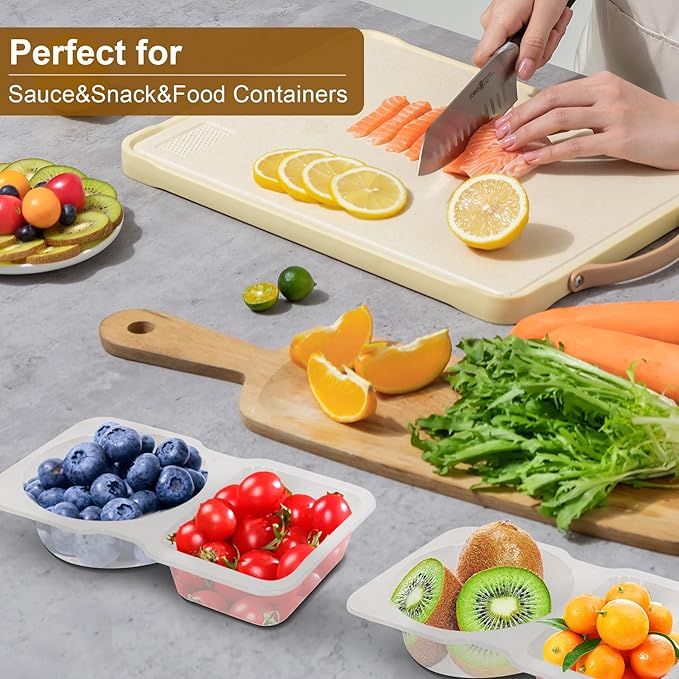 CJT 48 sets Double Compartment Condiment Container with Lids, Disposable 2 Compartment Sauce Containers Clear Plastic Snack Container with labels for to-go Sauce, Travel Snack