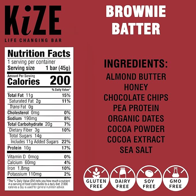 KiZE Energy Bars - Brownie Batter - Almond Butter Based, Gluten Free, Dairy Free - 10g High Protein Snacks, Clean and Simple Food Ingredients, High Protein Meal Replacement Energy Bars (10 Count)
