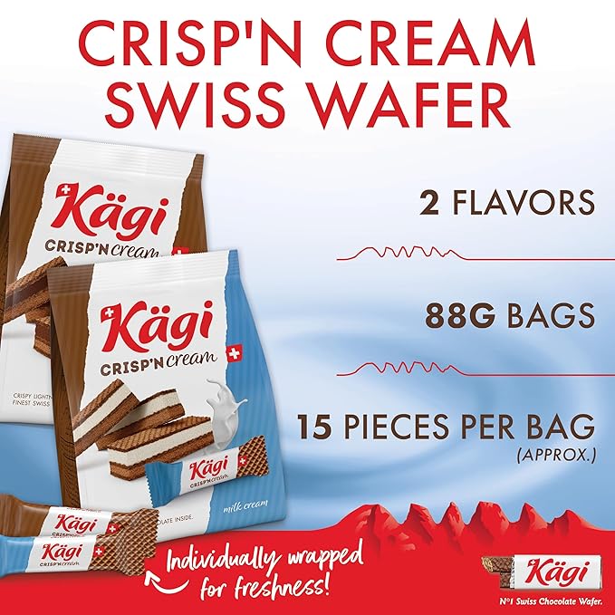 Swiss Milk Chocolate Mousse Filled Wafers by Kägi, Individually Wrapped Snacks, Chocolate Gift, Kägi Crisp'n Cream, Variety Pack, Milk Cream and Choco Cream, 2-Pack, 88g Bags