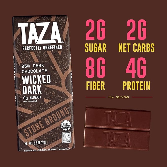 Taza Chocolate Organic Amaze Bar 95% Stone Ground, Wicked Dark with Almonds, 2.5 Ounce (6 Count), Vegan