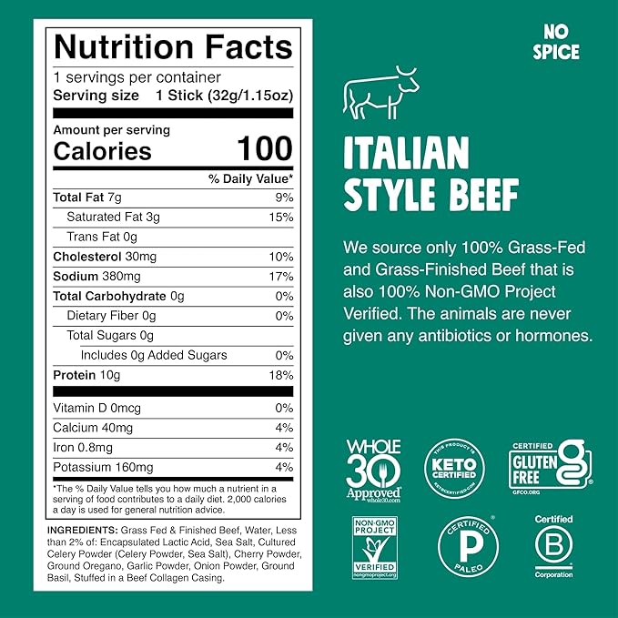 CHOMPS Grass Fed Beef Jerky Meat Snack Sticks, AIP Diet Compliant, Keto, Paleo, Whole30 Approved, Low Carb, Gluten Free, Sugar Free, Non-GMO, 90 Calories 1.15 Oz Stick, Italian Beef 10 Pack