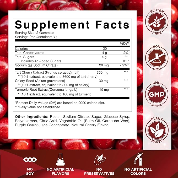 Vitamatic Tart Cherry with Celery Seed Gummies – 4000mg Equivalent Per Serving (from 10:1 Extract, 400mg) - 2-Pack