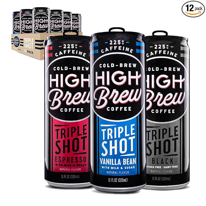 High Brew Coffee | Triple Shot Cold Brew Variety Pack – Vanilla Bean, Black & Espresso | Lightly Sweetened Iced Coffee with Pure Cane Sugar, 225mg Natural Caffeine, Low-Acid, Ready-to-Drink (8 oz Cans, Pack of 12)
