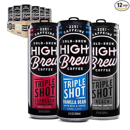 High Brew Coffee | Triple Shot Cold Brew Variety Pack – Vanilla Bean, Black & Espresso | Lightly Sweetened Iced Coffee with Pure Cane Sugar, 225mg Natural Caffeine, Low-Acid, Ready-to-Drink (8 oz Cans, Pack of 12)