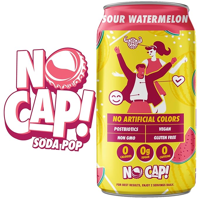 NO CAP! Next Gen Soda Pop with Zero Sugar, Zero Calories and Electrolytes for Hydration, Naturally Flavored Caffeine-Free Soda, Vegan & Gluten-Free, 12 oz Cans (Sour Watermelon)