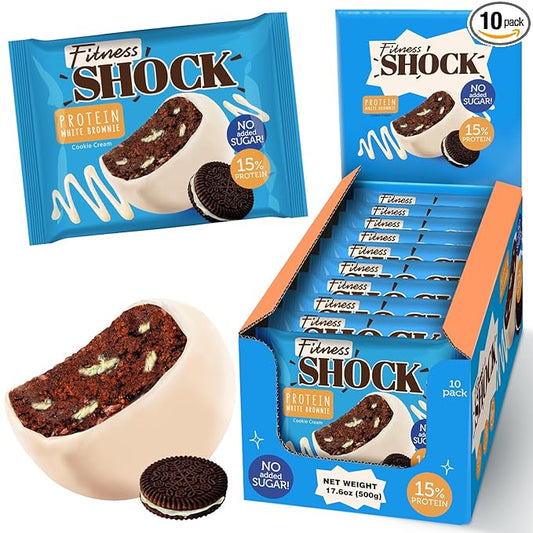 FitnesSHOCK Protein Brownie White Chocolate, No Added Sugar, 15%/7,5g Protein, 233kcal, Pre/Post Workout Snack - No Palm Oil, Filling dietary fibre, Soft Texture, 10x50g - Cookie cream flavour