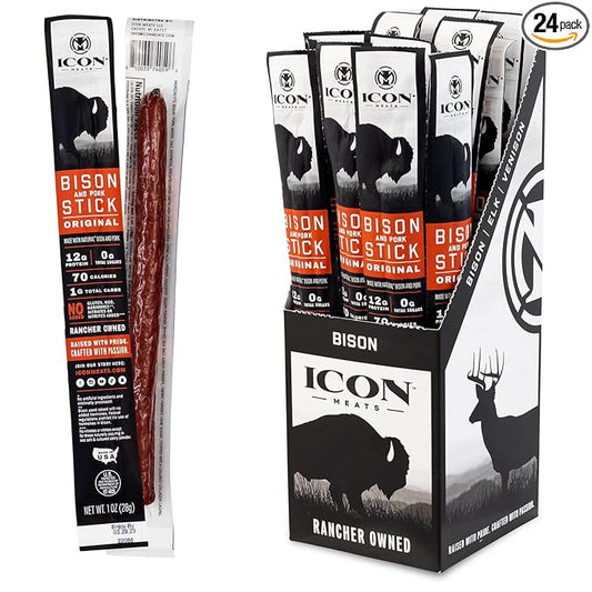 ICON Meats Bison and Pork Snack Sticks, Original Flavor, 24 Pack of High Protein Snacks, Sugar Free, Natural Jerky Meat Sticks, Gluten Free, USDA Inspected, Made in USA, Gifts or Stocking Stuffers