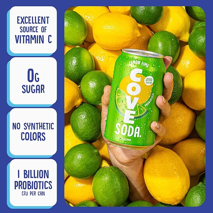 Cove Probiotic Soda, Zero Sugar Better-For-You Alternative - Refreshing, Delicious Probiotic Drink, No Synthetic Colors & Caffeine Free - Lemon Lime, 12 Pack