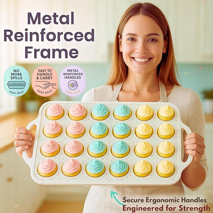 1-Pack - Silicone Mini Muffin Pan – 24-Cup, Nonstick Silicone Muffin Pans for Baking with Metal-Reinforced Handles, – BPA-Free Muffin Tin Tray for Mini Cupcakes & Snacks – Dishwasher Safe, Cream