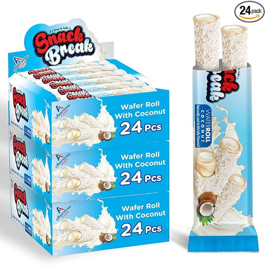 Snack Break Coconut Rolled Wafers - 24 Individually Wrapped Wafer Rolls (Pack of 3) with Creamy Coconut Filling - Snacks for Kids & Adults