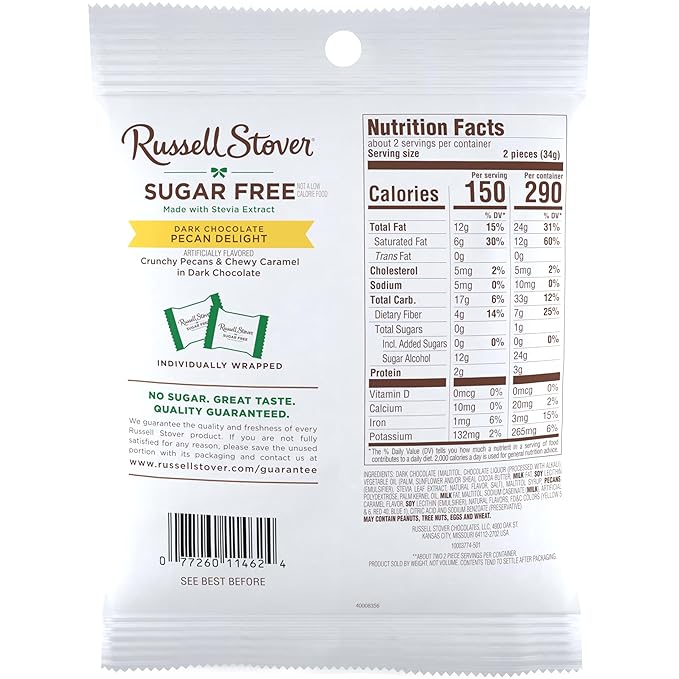 RUSSELL STOVER Sugar Free Dark Chocolate Pecan Delight Candy, 2.4 oz. bag (Pack of 10)