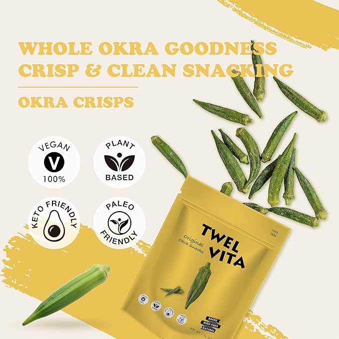 TWEL VITA Natural Okra Crisps, Pack of 4 (1.76 oz Each) | Vegan, Plant-Based, Clean Label, Non-GMO, Gluten-Free, Paleo, Keto, Low Carb Savory Snack | Crunchy Okra Chips Variety