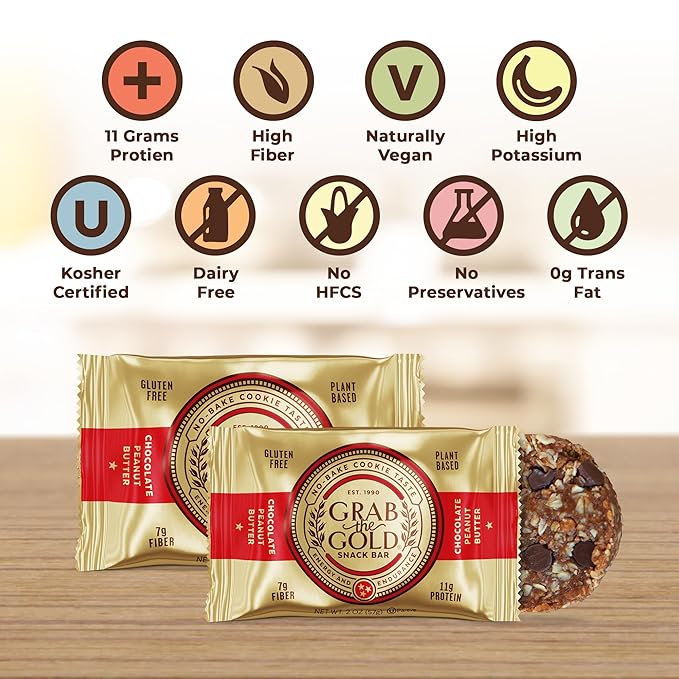 Grab The Gold Chocolate Peanut Butter Protein Snack Bars | 11g Plant-Based Protein, Organic Oats, Gluten-Free, Vegan, Dairy-Free, Kosher, High-Fiber Energy Bars | 14 Bars