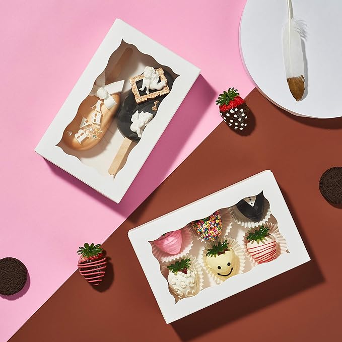 RomanticBaking 100 Pack Auto-Popup 7 x 4 3/8 x 1 1/2 Cookies boxes for 2 Macaron Boxes White Chocolate Covered Ore Boxes Pastry Boxes Cakesickle Boxes Bakery Boxes with Window