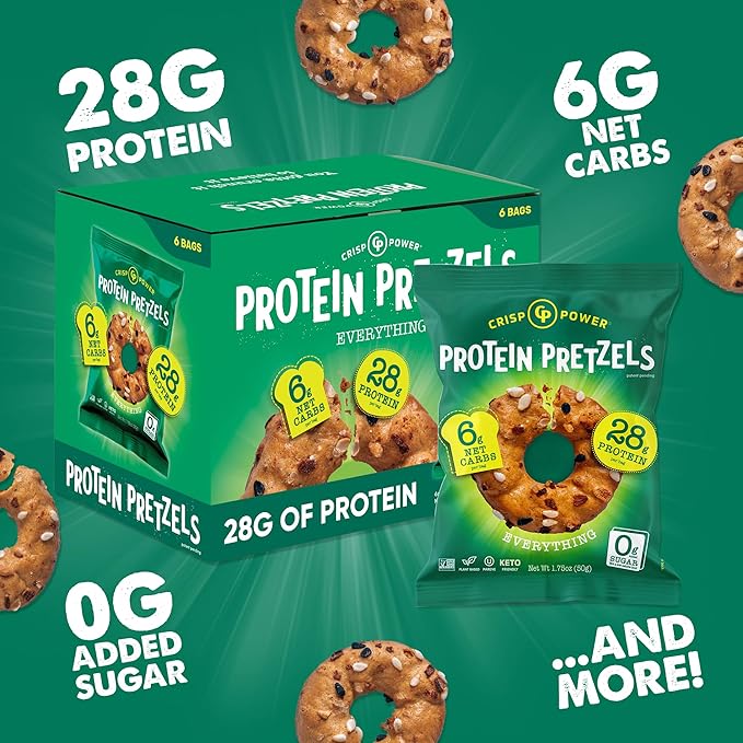 Crisp Power Protein Pretzels, Everything, High Protein Snack, 28G Protein, Low Carb Crunchy Pretzel Snacks, No Added Sugar, No Seed Oils, 1.75 oz Bags, 24 Pack, Vegan, Plant-Based, Keto