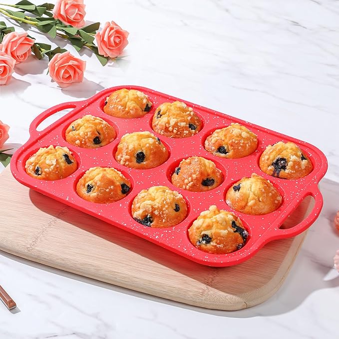 Fimary Silicone Muffin Pans for Baking, with Metal Reinforced Frame, Dishwasher Safe BPA Free Nonstick Silicone Cupcake Pan 12 Cups for Baking Homemade Muffins, Cupcakes - 2 Pack