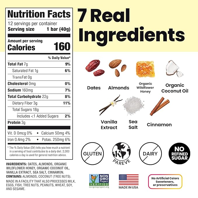 Bahamii Snack Bars, Made with Dates & Nuts, Healthy Snacks, Gluten Free, Good Source of Fiber, Only 7 Ingredients, For Kids & Adults, No Artificial Sweeteners, Dairy Free, 12 Pack, Honey Cinnamon