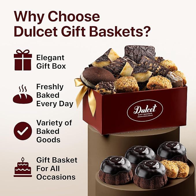 Dulcet Premium Gift Basket - Premium Assortment of Baked Goods - Valentines Gift Basket with Individually Wrapped Whoopie Pies, Brownies, Rugelah, and More - Personal Note Option Included.