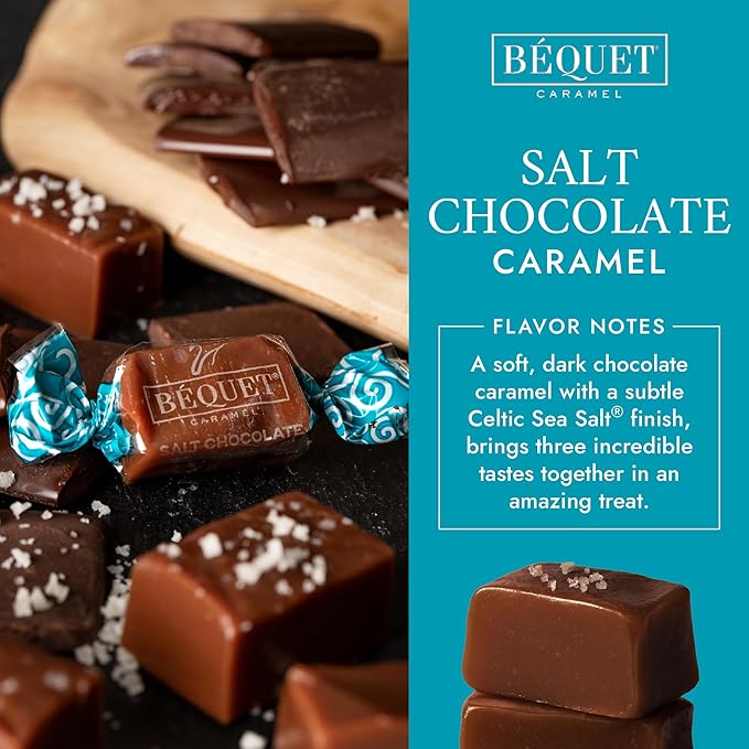 Béquet Caramel - Salt Chocolate Caramel - Caramel Candy Individually Wrapped - Gourmet Caramel Candy - Made in Montana - Kosher (Star-D) and Gluten Free - 24oz Resealable Pouch