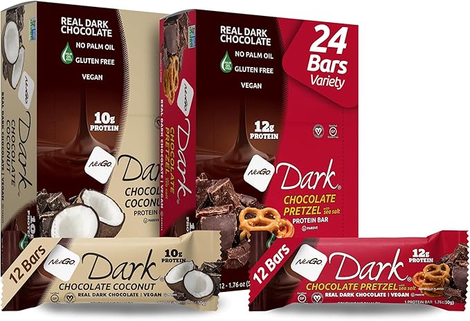 NuGo Dark Variety - Pretzel with Sea Salt 12 Bars & Dark Coconut 12 Bars, 10-12g Protein Bar, Vegan, Gluten Free, Non-GMO, Kosher Pareve, 24 Count