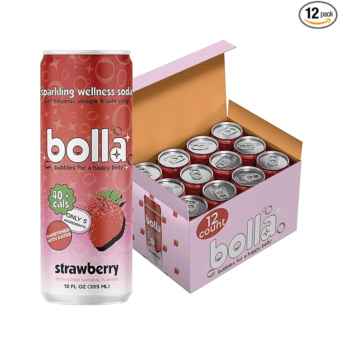 Strawberry Sparkling Wellness Soda - Naturally sweetened with dates - Crafted with balsamic vinegar - 5 simple ingredients - Low calorie - Antioxidant-rich - No added sugar 12 pack